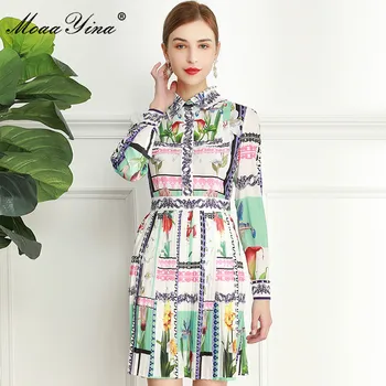 MoaaYina projektant mody sukienka wiosna kobieca sukienka z długim rękawem kwiatowy print Kryształ wakacje plisowana sukienka