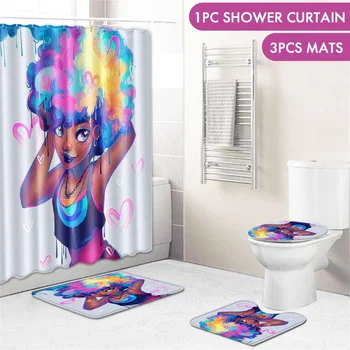 Moda 4szt łazienka, zestaw Afryka dziewczyna wodoodporna zasłona prysznicowa wieszaki, łazienka antypoślizgowy dywan pokrywa deski sedesowej