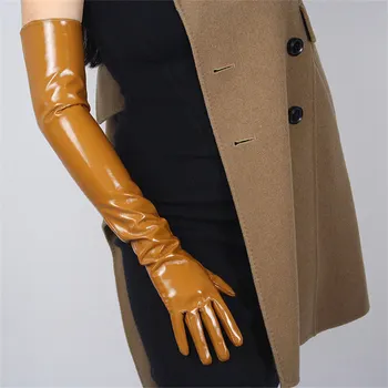 Moda damska lakierowana skóra długie rękawiczki wydłużony Łokieć sztuczna sztuczna skóra jasna skóra lustro biały 60 cm B09