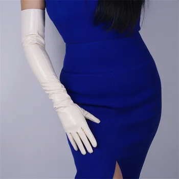 Moda damska lakierowana skóra długie rękawiczki wydłużony Łokieć sztuczna sztuczna skóra jasna skóra lustro biały 60 cm B09