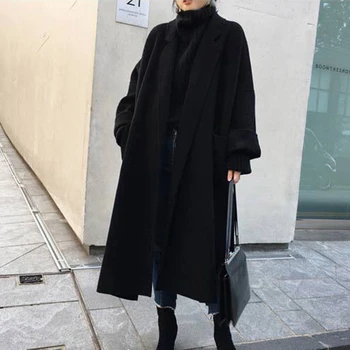 Moda damska płaszcz średniej długości dwustronne gruby wełniany długi płaszcz