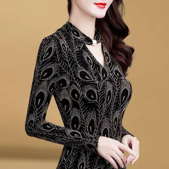 Moda damska wiosna jesień koronkowe koszule eleganckie print bluzki damskie V-neck z długim rękawem temperament damskie topy DD8281