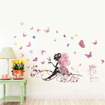 Moda DIY fresk PVC dziewczyna motyl kwiat Sypialnia Salon naklejki ścienne do pokoju dziecięcego, pokój dziecięcy dekoracje naklejka plakat