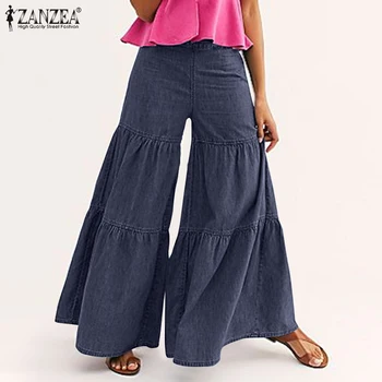 Moda kobiety wysokiej talii spodnie-dzwony ZANZEA codzienne szerokie spodnie vintage falbanki панталон twarde temat Palazzo plus rozmiar 5XL