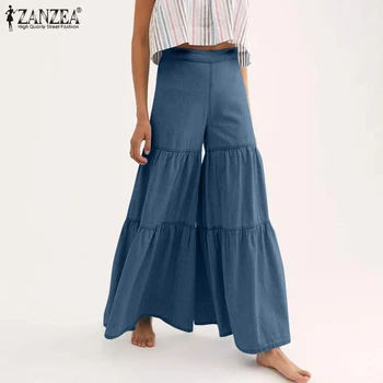 Moda kobiety wysokiej talii spodnie-dzwony ZANZEA codzienne szerokie spodnie vintage falbanki панталон twarde temat Palazzo plus rozmiar 5XL