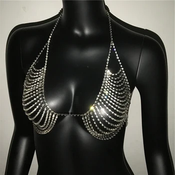 Moda Kryształ ciała łańcucha wiązka 2-częściowy zestaw dla kobiet rhinestone cekiny metalowe łańcuchy festiwal partii biustonosz top i szorty