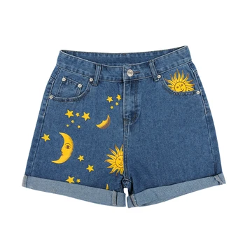 Moda Księżyc Słońce druku luźny krój jeansowe szorty dla kobiet 2020 lato Nowy Dziurki niebieski chłopak styl damskie krótkie spodnie