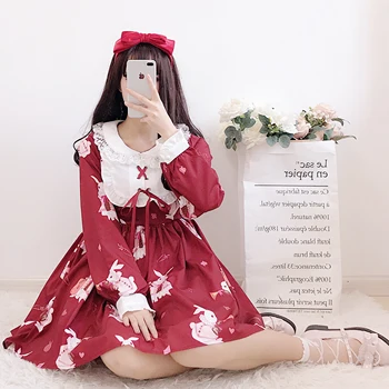 Moda Lolita Odzież Słodki Królik Drukowanych Codziennie Kobieta Kawaii Dress Himekaji Dulces Japoneses Cosplay Biała Sukienka Lolita 1651