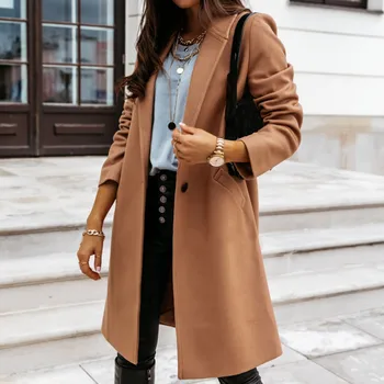 Moda mieszanka kurtka damska jesień zima ciepły, jednolity kolor z długim rękawem luźny płaszcz średniej długości przycisk panie płaszcz