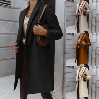 Moda mieszanka kurtka damska jesień zima ciepły, jednolity kolor z długim rękawem luźny płaszcz średniej długości przycisk panie płaszcz
