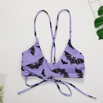 Moda sexy grube oparcie cyfrowy drukowany split bikini strój kąpielowy jasny fioletowy kostium plażowy nietoperz drukowania z ramienia