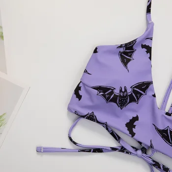 Moda sexy grube oparcie cyfrowy drukowany split bikini strój kąpielowy jasny fioletowy kostium plażowy nietoperz drukowania z ramienia