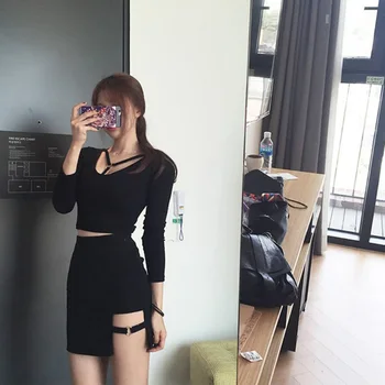 Moda sexy spódnica kobiety bawełna kolor Slim-Fit nieregularny pas Sexy Bodycon mini spódniczka damska koreański styl Czarne biodra spódnica