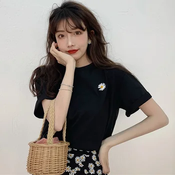 Moda Sun flower haft topy tee damskie koreańskie letnie damskie t-shirt casual podstawowa koszulka z krótkim rękawem prosta czarna koszulka