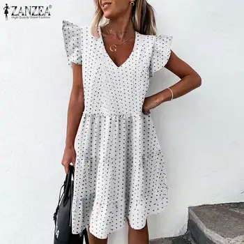 Moda ZANZEA lato kropki drukowane koronki mini sukienka dla kobiet V szyi motyl rękaw sukienkę artystycznej plaża partii Vestidos