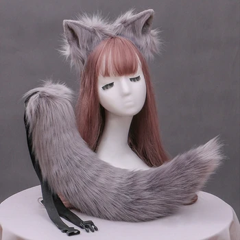 Modelowanie miękkie kocie uszy opaska na głowę z kolorem Изгибаемый puszyste zwierzę długi ogon zestaw Kawaii Anime cosplay kostium