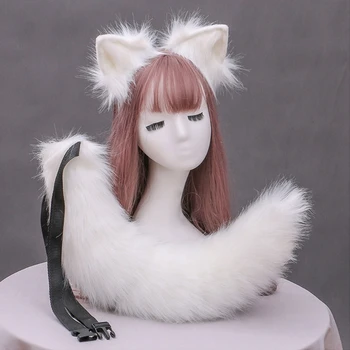 Modelowanie miękkie kocie uszy opaska na głowę z kolorem Изгибаемый puszyste zwierzę długi ogon zestaw Kawaii Anime cosplay kostium
