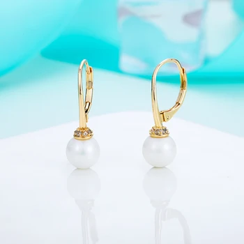 Modny design 8 mm biała perła kolczyki dla kobiet złoty srebrny kolor powlekane kropla kolczyk z perłą cyrkon partii biżuteria prezenty