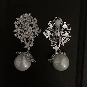 Modny styl cyrkonia i perła wisiorek kolczyki klipsy na uszach biżuteria kolczyki z kamieniami dla kobiet
