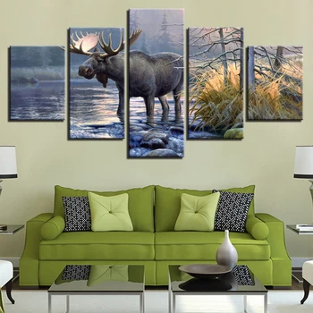 Modułowe zdjęcia, pokój dzienny HD wydruki na płótnie 5 szt. zwierząt łoś jeleń malarstwo wystrój domu rzeka Ełk plakat ściany sztuki ramki