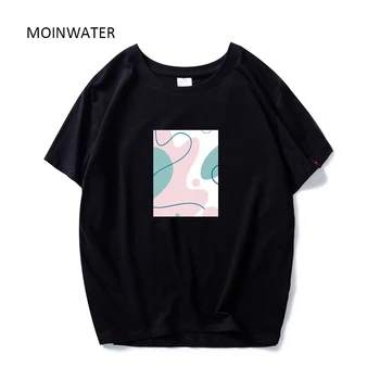 MOINWATER Geometric Print 2020 New Women Fashion T shirts Female Cotton White Black Tops Lady High Street Casual Tees MT20060
