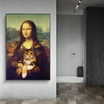 Mona Lisa trzyma kota śmieszne artystyczne, obrazy na płótnie na ścianie artystyczne plakaty i grafiki da Vinci słynne obrazy sztuki Куадроса