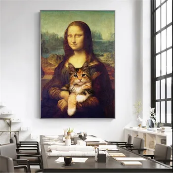 Mona Lisa trzyma kota śmieszne artystyczne, obrazy na płótnie na ścianie artystyczne plakaty i grafiki da Vinci słynne obrazy sztuki Куадроса