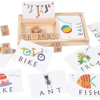 Montessori dla dzieci zabawki drewniane pisownia angielska gra słów, liter z tektury edukacyjne klocki zaklęcie Słowo klocki dla dzieci prezent
