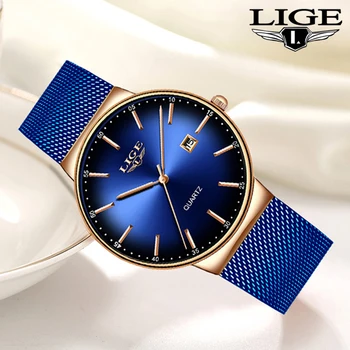 Montre Femme LIGE nowe luksusowe panie oglądać moda proste zegarki damskie niebieskie netto pasa kwarcowy zegarek damski zegarek Relogio Feminino