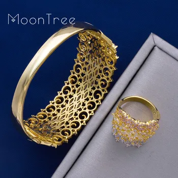 MoonTree Luxury Big Delicate 3 Tone Mixed Cubic Zirconia Copper Geometry Wedding Party Saudi Arabic Dubai Bangle Ring Set