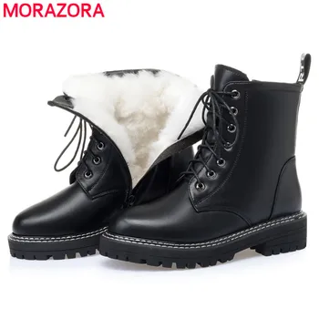 MORAZORA plus rozmiar 35-43 skóra naturalna rakiety śnieżne kobiety zamek natura wełna ciepłe buty zimowe Damskie z koronki modne botki