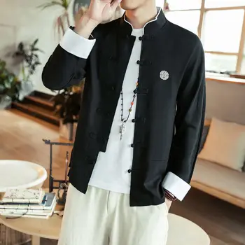 MrGoldenBowl czarny Vintage Męskie koszule 2020 chiński styl dorywczo męskiej koszuli z długim rękawem topy odzież uliczna osób oversize bluzka