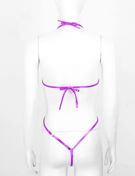 MSemis Women Exotic Sexy One-piece Swimwear Metallic Lingerie Halter Neck Backless Slingshot Mini Trikini Thong Teddy Bodysuit