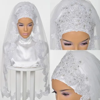 Muzułmańscy ślubne welony dla narzeczonych 2019 ślubny hidżab frezowanie kryształy, koronki krawędzi długość do łokcia zasłona jedną warstwę