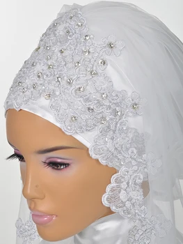 Muzułmańscy ślubne welony dla narzeczonych 2019 ślubny hidżab frezowanie kryształy, koronki krawędzi długość do łokcia zasłona jedną warstwę