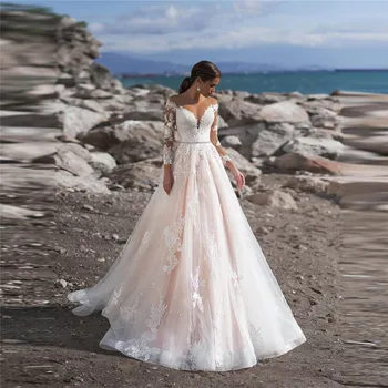 MYYBLE 2021 Vintage Princess aplikacje koronkowe suknie ślubne suknia Sheer Neck bujny koronki z długim rękawem rozmiar plus suknie ślubne