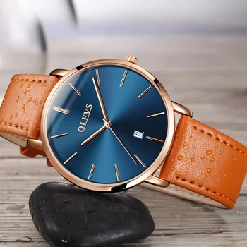 Męski zegarek luksusowej marki OLEVS kwarcowy pasek ze skóry naturalnej minimalistyczne, ultra-cienkie zegarki Wodoszczelne wysokiej jakości Relogio