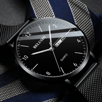 Męski zegarek Ultra Slim Steel Mesh zegarek kwarcowy BELUSHI Man zegarek podwójny kalendarz data proste zegarek męski prezent relogio #a