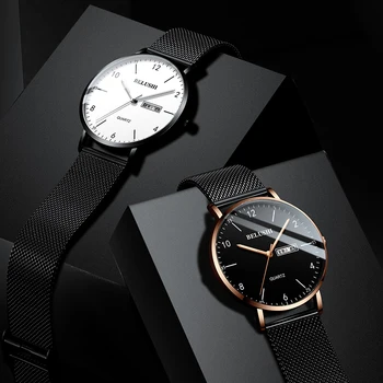 Męski zegarek Ultra Slim Steel Mesh zegarek kwarcowy BELUSHI Man zegarek podwójny kalendarz data proste zegarek męski prezent relogio #a