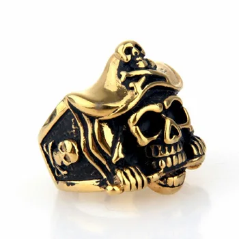 Męski Złoty pirat czaszka nóż Caribbean rowerzysta pierścień ze stali nierdzewnej