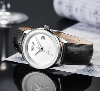Męskie automatyczne proste, klasyczne zegarki skóra szkło szafirowe biznes Mechaniczny zegarek męski zegarek RUIMAS Relojes Hombre