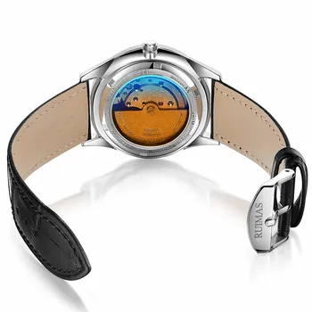 Męskie automatyczne proste, klasyczne zegarki skóra szkło szafirowe biznes Mechaniczny zegarek męski zegarek RUIMAS Relojes Hombre
