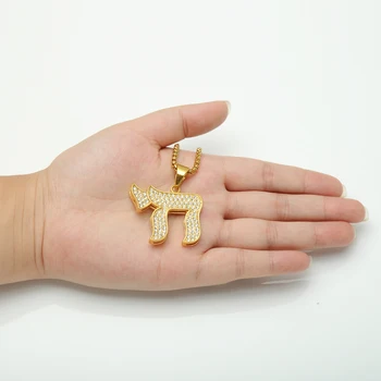 Męskie hip-hop biżuteria Bling Iced Out Titanium Jewish Chai wisiorki naszyjnik z 24-calowy złotym kolorem łańcuchy ze stali nierdzewnej