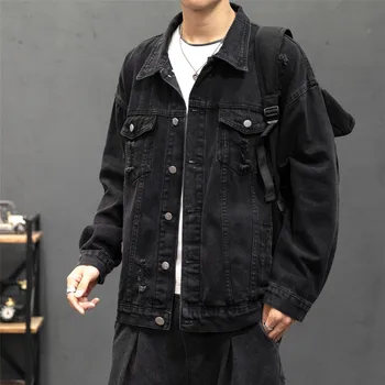 Męskie kurtki i płaszcze moda hip-hop męska kurtka dżinsowa otwór meble ubrania jednolity skręcić w dół kołnierz jeansowa kurtka płaszcz plus rozmiar 5XL