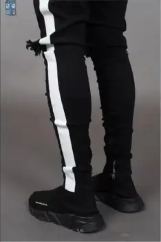 Męskie Stretch Mężczyźni Kolano Dziury Podarte Wąskie Dżinsy 2019 Czarny Ołówek Spodnie Jeansowe Projektant Problematyczne Boczne Paski Biegacze Spodnie