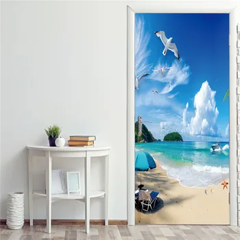 Nadmorski krajobraz 3D samoprzylepne PVC drzwi naklejka morze plaża fresk plakat domowych dekoracji naklejka ganek naturalny krajobraz tapety