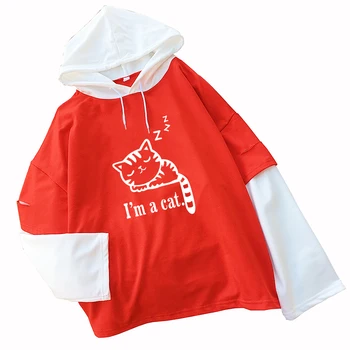 Najlepsza Jakość Zabawny Śpiący Kot Drukowanych Moda Piękny Rysunek Harajuku Meble Odzież Bluza Casual Bawełna Spadek Ramienia Bluza