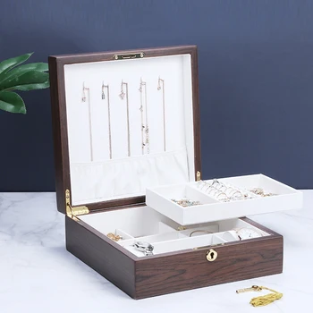 Naszyjnik kolczyki pojemność walizka do przechowywania, Drewniane pudełko do biżuterii kobiety z zamkiem wyświetlacz biżuteria podwójna warstwa
