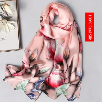 Naturalny, jedwabny szalik kobiety kwiat i ptak wzór szale owinąć panie długie miękkie pashmina wysokiej jakości foulard femme zimowy szalik