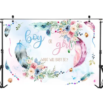 NeoBack Gender Reveal Colorful background Feather Flower Baby Shower Photo Background Boy or Girl Gender Reveal Banner Backgrounds
